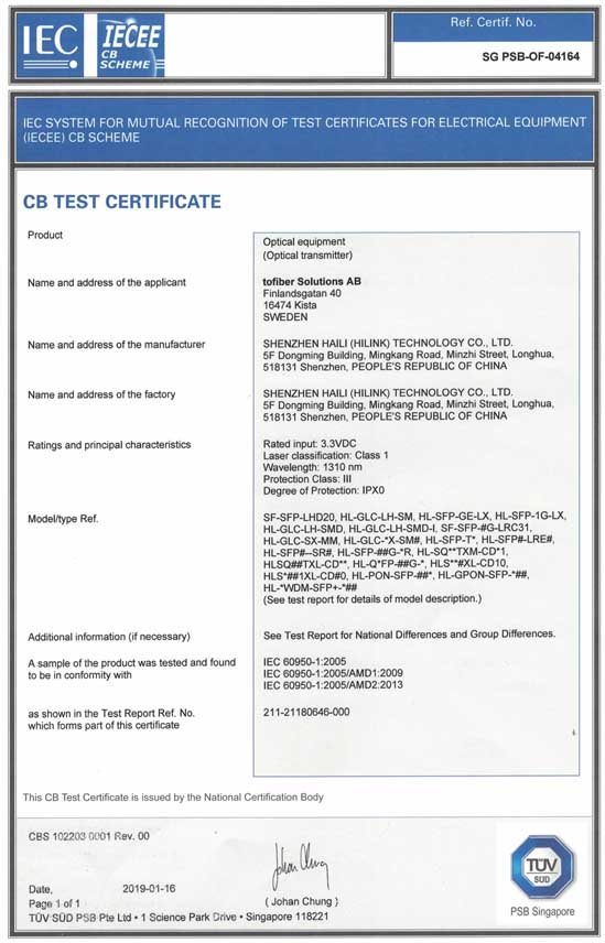 Hilink has the CB IEC 60950-1