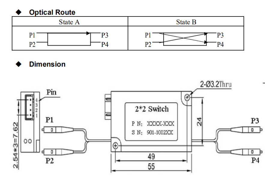 2x2 bypass Fiber Mechanical optical Switch with power connector